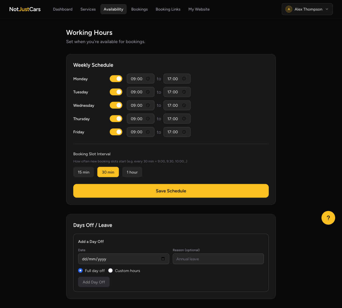 Availability settings page