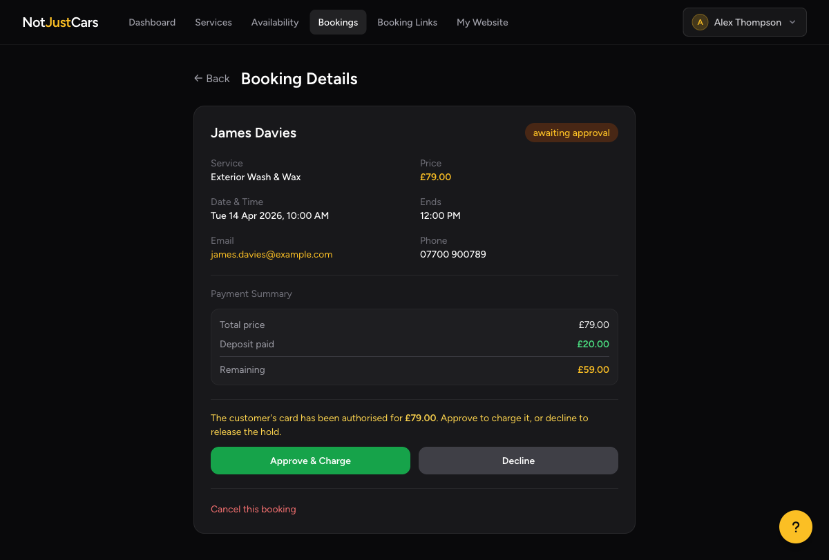 Booking detail page with approve and decline buttons