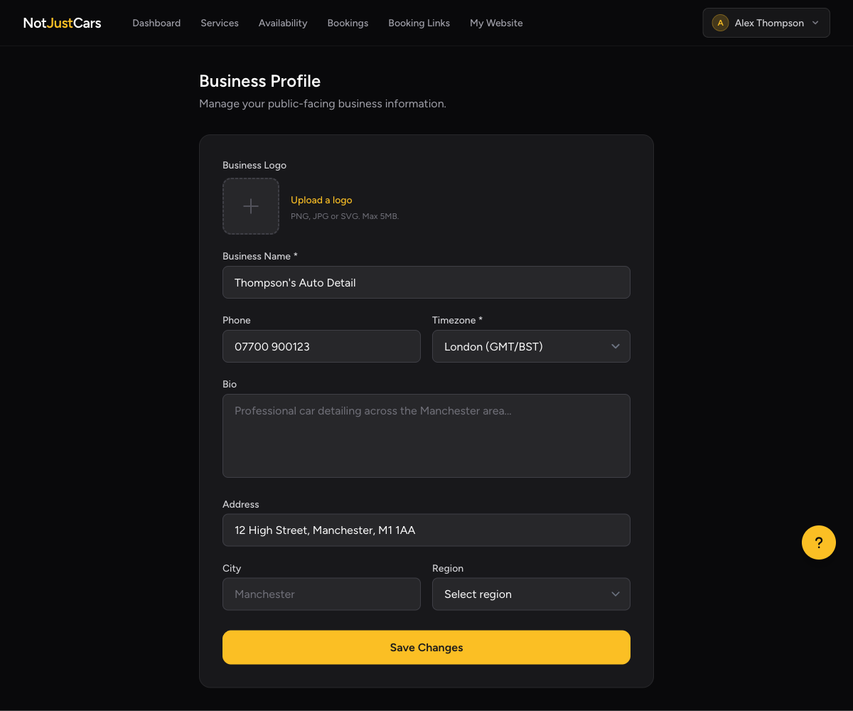 Business profile settings page