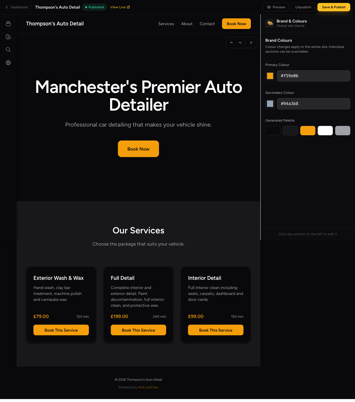 Website builder with editor panel and live preview