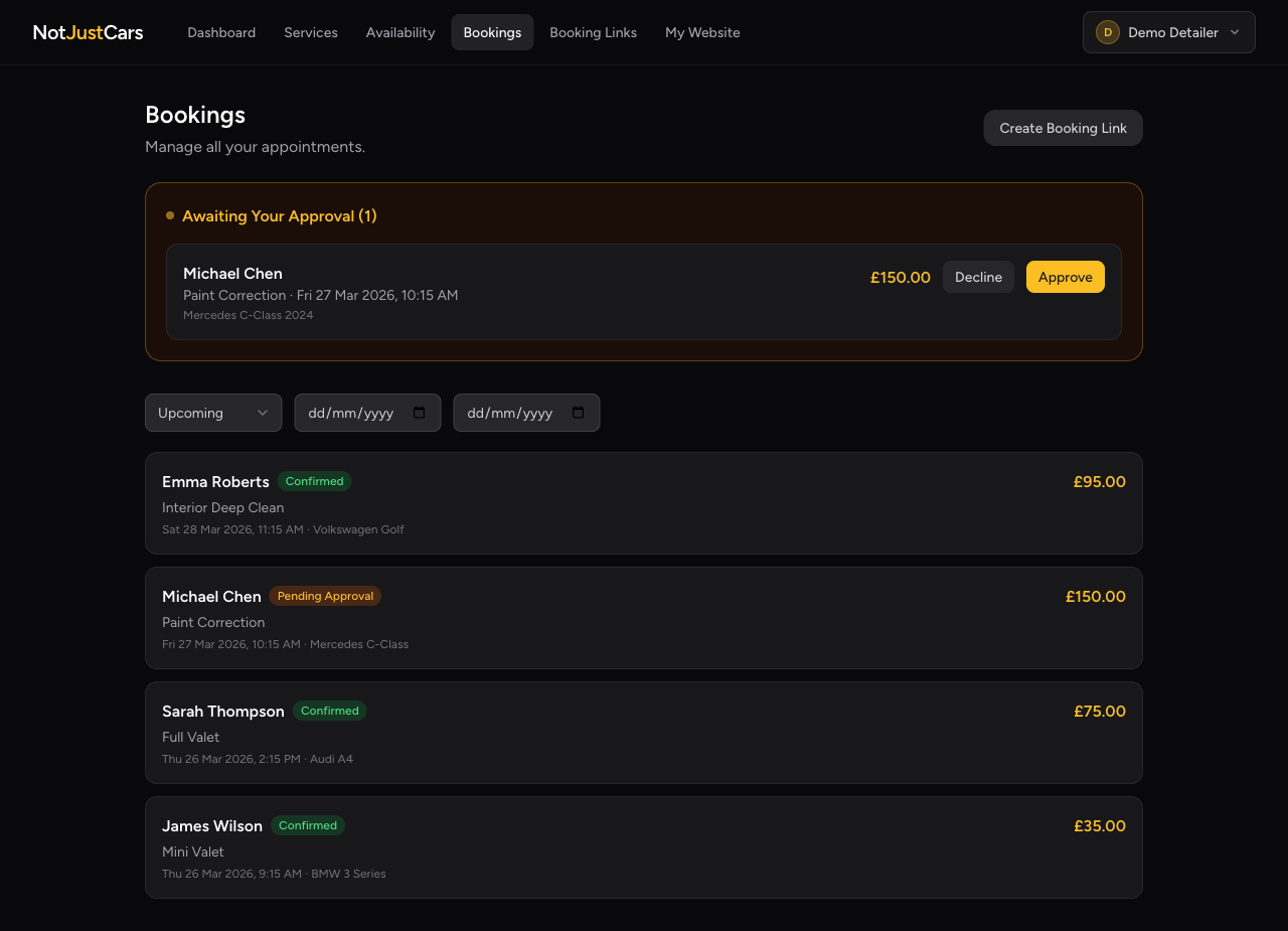 NotJustCars bookings management page showing confirmed, pending, and completed bookings